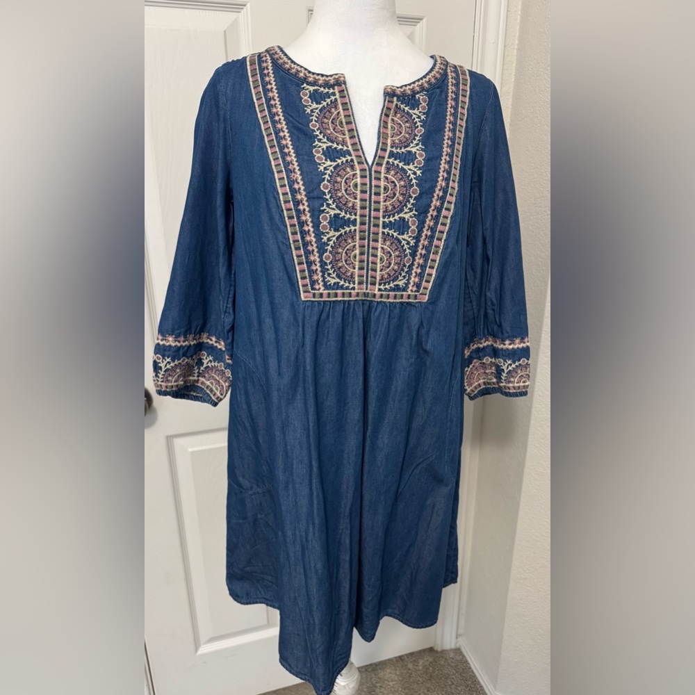 J. Jill Denim Embroidered Indigo A-Line Dress Size XSP - Picture 2 of 9
